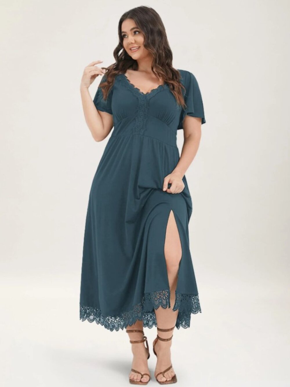 BloomChic Black Lace Trim Maxi Dress Size 12 Short Sleeve V-Neck Pockets - Picture 2 of 11
